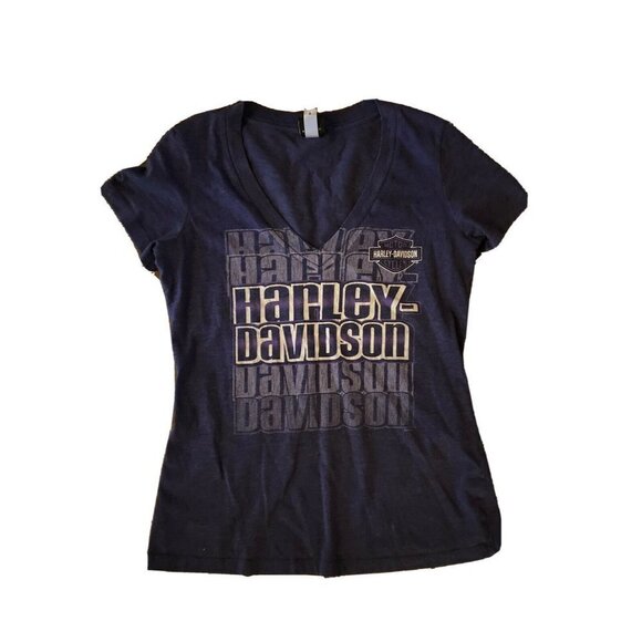 Harley-Davidson Tops - Harley Davidson Blue Short Sleeve V-Neck Top Shirt Large Indainapolis Southside